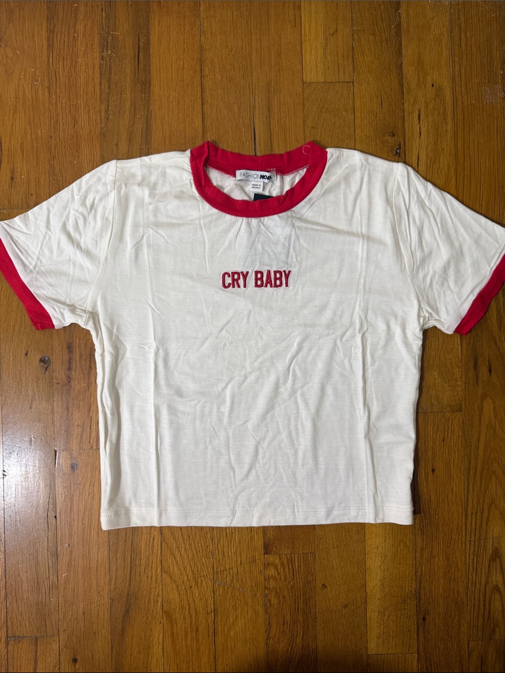 NWT Fashion Nova White Tee with Red Ringer and "CRY BABY" Embroidery